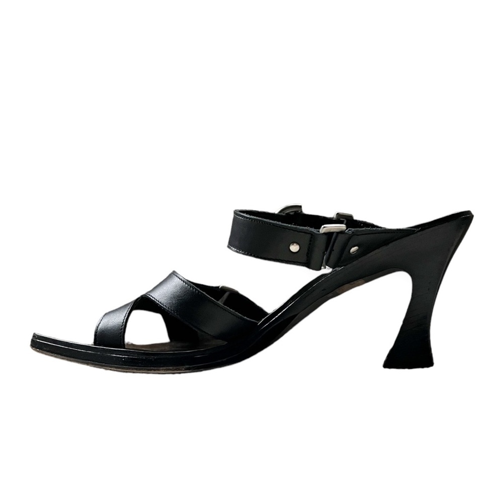 HALO Brand Wooden Heel Black Leather Sandals Mules, sz 7, Made in Italy - Picture 6 of 14